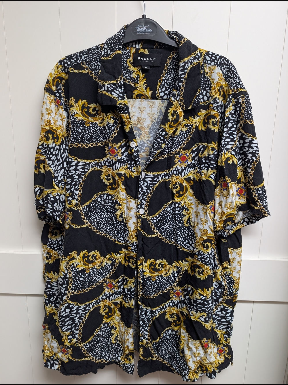 PacSun Black and Gold Ornate Baroque Button-Up Shirt, XL